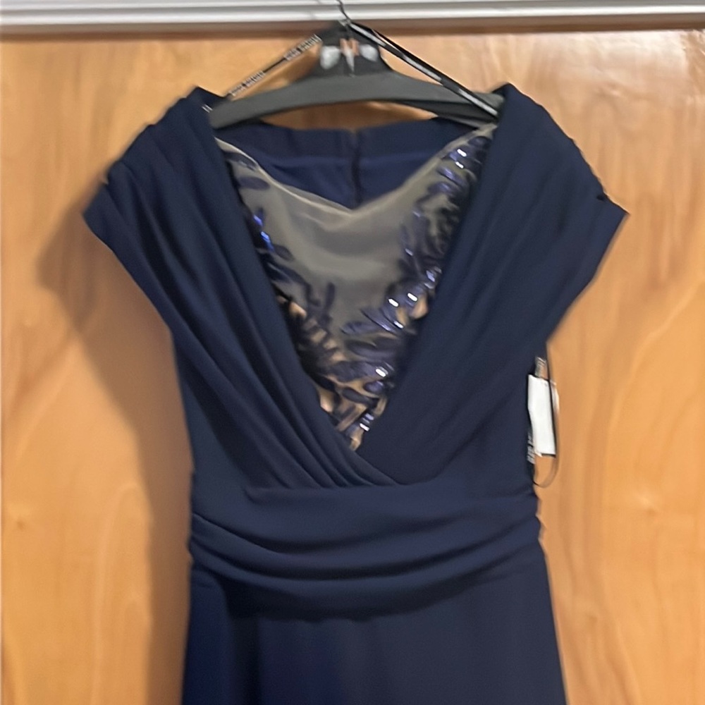 Tadashi Shoji Navy Sequin-Trim V-Neck Evening Gown